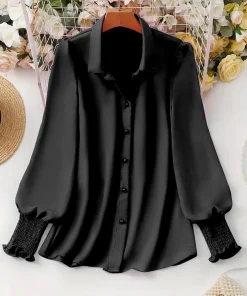 Plus Size 2025 Spring and Summer New Women's Casual Puff Sleeve Blouse Solid Color Suitable for Office Outdoor Single Breasted