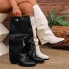2026 Fashion Fold Over Knee High Boots for Women Slip On Chunky High Heel Shark Boots Woman Wide Leg PU Leather Long Botas Mujer