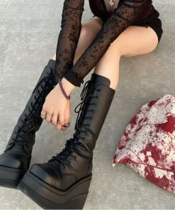 DoraTasia Black Gothic Fashion Round Toe Side Zipper Lace Up Women's Mid Calf Boots New INS Christmas Street Party Shoes Woman