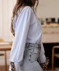 Autumn New Arrivals: Women's Elegant Casual Striped Leopard Print Patchwork Blouse - Suitable for All Seasons - Image 5