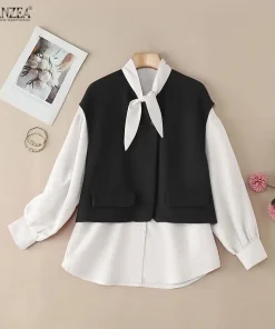Alternative view of ZANZEA Women's Fashion Tie Neck Blouses Woolen Fabric Patchwork Long Sleeve Tops Streetwear Spring Summer Shirts Woman Clothes