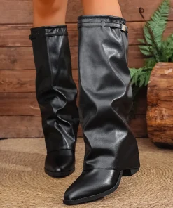 Alternative view of 2026 Fashion Fold Over Knee High Boots for Women Slip On Chunky High Heel Shark Boots Woman Wide Leg PU Leather Long Botas Mujer
