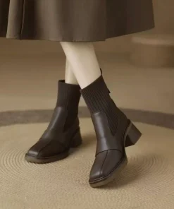 Alternative view of 2025 Winter French Style Knitted Cuff Short Boots for Women - Square Toe Chunky Heel Slim-Fit, Elastic High Heel Boots