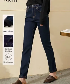 AMII Minimalism Jeans for Women 2025 Autumn Slim Feet Fashion Casual All-match Cotton Slight Strech Ankle-Length Pants 12514004