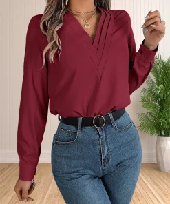 Women's Elegant Business Office Blouse Layered V Neck Long Sleeve 2024 Dressy Shirts Work Tops - Image 3