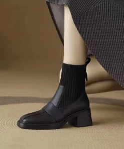 2025 Winter French Style Knitted Cuff Short Boots for Women - Square Toe Chunky Heel Slim-Fit, Elastic High Heel Boots - Image 4
