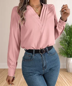 Women's Elegant Business Office Blouse Layered V Neck Long Sleeve 2024 Dressy Shirts Work Tops - Image 5