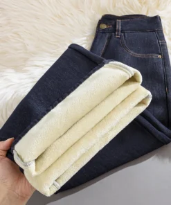 Alternative view of Winter Fleece Lined Jeans for Woman Y2k Pants 2025 Wide Leg Blue Loose Straight Trousers Pear Shape Body Comfort Fashion Trend