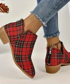 Ankle Boots Women's Christmas Plaid Print Zipper Retro Red Plaid Chelsea Boots Outdoor Platform Shoes Classic Side Booties - Image 4