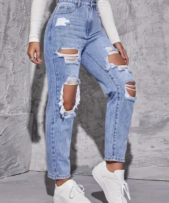 2025 Women's New Denim Pants, High Waisted Straight Leg, Perforated, Casual Style, Fashionable and Versatile - Image 4