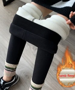 Ribbed Leggings Women High Waist Slim Thermal Wear Leggings Season Wool Pants for Fall Winter Fashion Striped Warm Pants