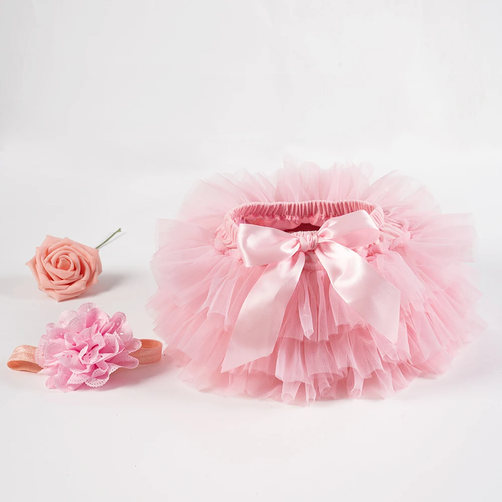 Baby girl tutu skirt 2pcs tulle lace bloomers diaper cover Newborn infant outfits Mauv headband flower set Baby mesh bloomer - Image 2