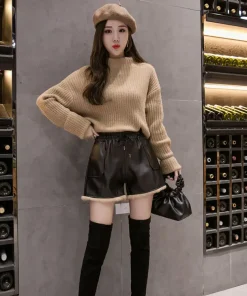 Women's Elastic Fleece Shorts, High Waist, Thick, Warm, PU, Casual, Ladies, Black Boots Pant, New, Autumn, Winter 2024 - Image 3