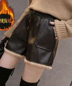 Women's Elastic Fleece Shorts, High Waist, Thick, Warm, PU, Casual, Ladies, Black Boots Pant, New, Autumn, Winter 2024