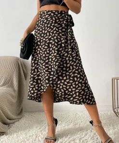 Benuynffy Boho Women Casual Print Tie Side Wrap Skirt Elegant High Waist Female Summer Asymmetrical Knee Length A-Line Skirts - Image 4