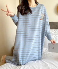 Female Long Sleeve Knit Cotton Nightgown Autumn Winter Thickened Fleece Warm Cartoon Outdoors Women Sleepwear Lady Loungewear - Image 4