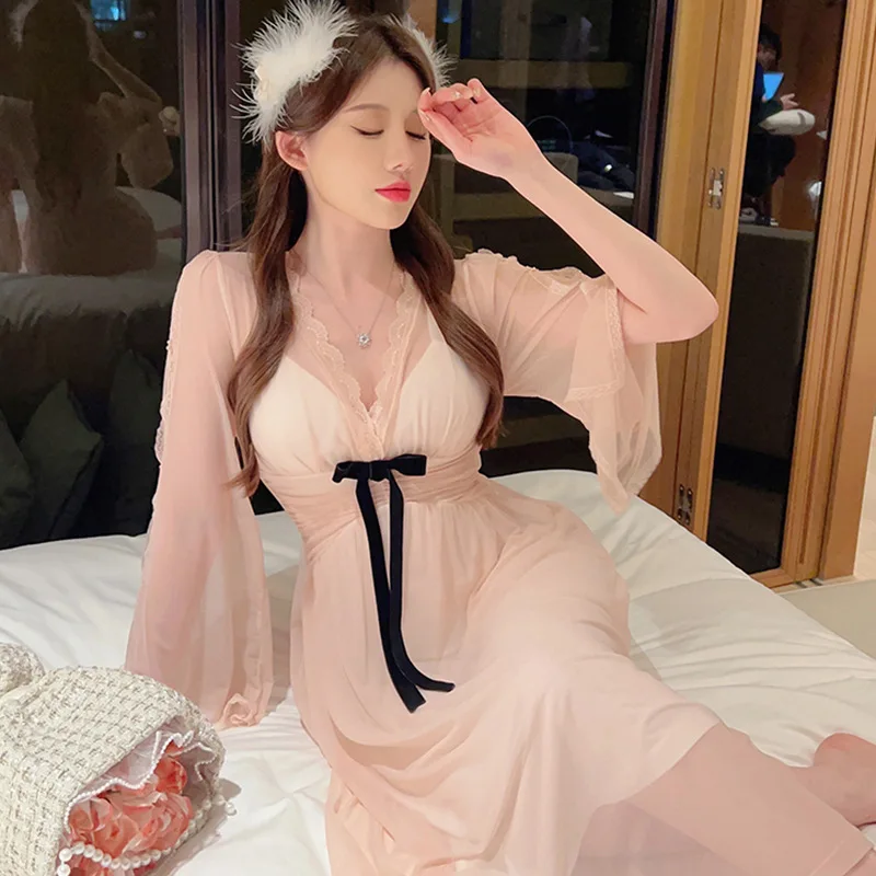 Spring Nightdress Women Lace Sweet Nightgown Home Dress Pajamas Summer Girl Princess Style Soft Sleepwear Nightwear Outwear - Image 5