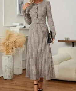 Elegant women's woolen dress set, autumn and winter half length skirt and cardigan set, 2-piece set, knitted matching set - Image 3