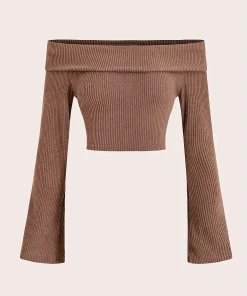 Women's 2-Piece Off-Shoulder Ribbed Set - Long Sleeve Crop Top & Ruched Mini Skirt Outfit for Fall/Winter - Image 4