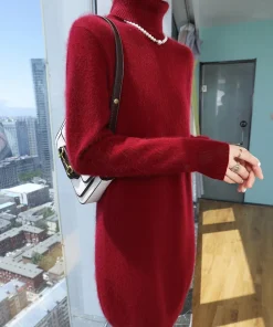 TLOML Women 100% Mink Cashmere Dress Turtleneck Pullover Casual Style Autumn Winter Slim Soft Warm Cashmere Knitted Short Dress - Image 5