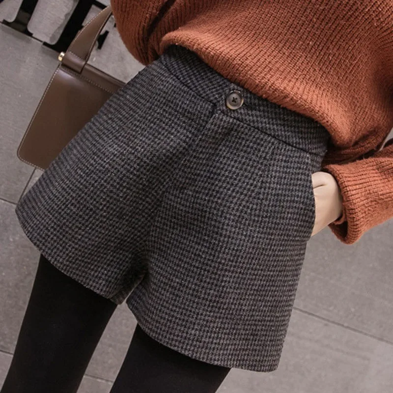 Thicker Houndstooth Shorts Women Autumn Winter New Warm High Waist A-line Vintage Baggy Bottom Korean Fashion Streetwear Chic - Image 3