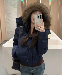 Large Fur Collar Hooded Cotton Jacket for Women, Thickened and Warm Parka, Short Puffer Jacket - Image 3
