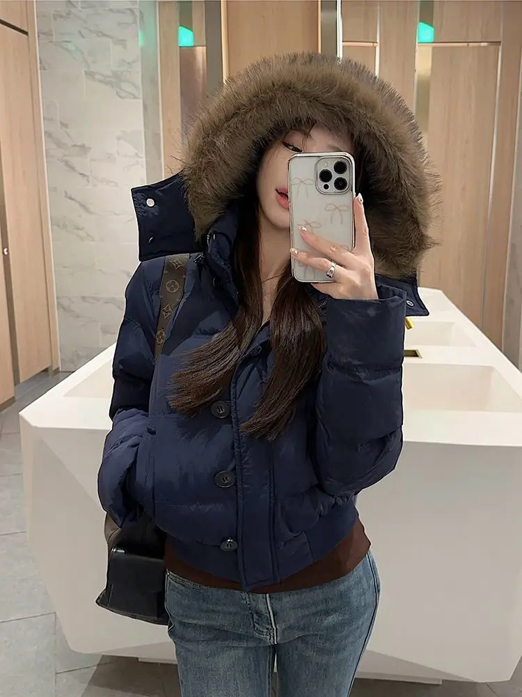 Large Fur Collar Hooded Cotton Jacket for Women, Thickened and Warm Parka, Short Puffer Jacket - Image 3