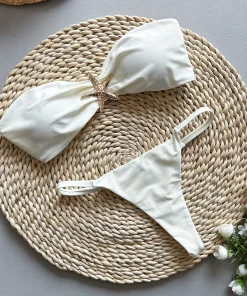Sexy Women's Bikini Solid Color Strapless Split Swimsuit - Image 3