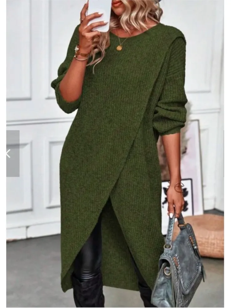 Womens Long Knitted Sweater Dress 2025 Autumn Winter Warm Fur Jumpers Casual Solid Loose Knit Midi Dress Lady Work Pullovers - Image 3