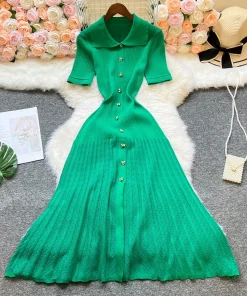Alternative view of YuooMuoo Brand Fashion Vintage Turn-down Collar Knit Maxi Dress Elegant Single-breasted A-line Long Shirt Dress Lady Vestidos