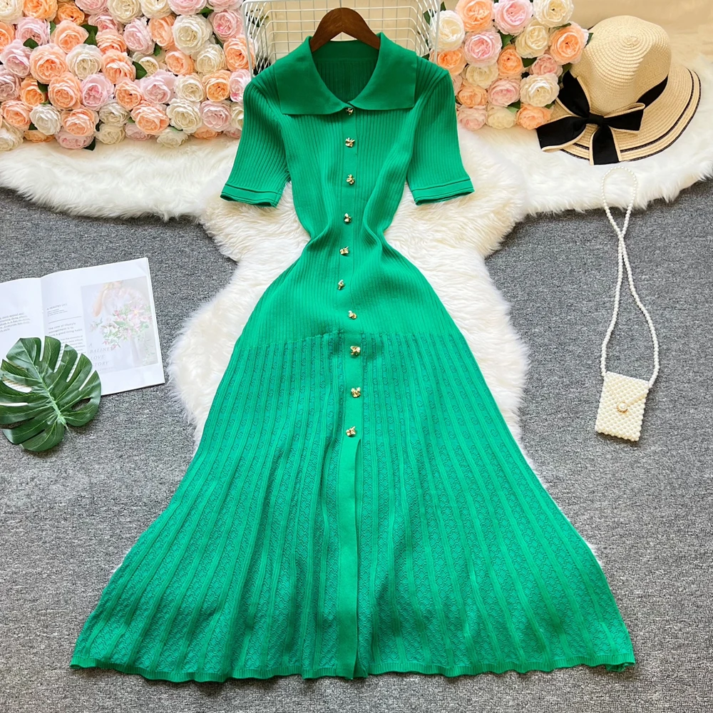 YuooMuoo Brand Fashion Vintage Turn-down Collar Knit Maxi Dress Elegant Single-breasted A-line Long Shirt Dress Lady Vestidos - Image 2