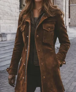 Women's brown vintage suede windbreaker: notch collar mid length jacket, button and zipper closure, patch pocket, vintage trend