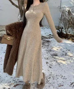 Smvp Elegant Slim High Waist Knit Dresses Women Autumn Winter Long Sleeve Thick Warm Long Dress Vintage Streetwear Vestidos - Image 3