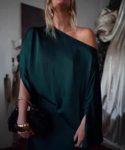 2026 Spring Elegant Solid Evening Gown Set Woman Sexy Skew Collar Top Pullover & Long Dress Suit Autumn Long Sleeve 2pcs Outfits - Image 3