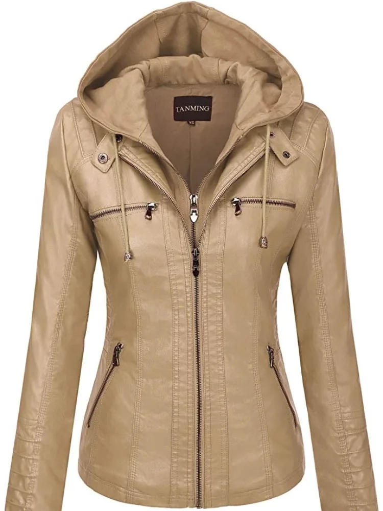 Hooded Leather Jacket Two-Piece Set Removable Large Size Leather Jacket for Women Spring & Fall Outwear for Women Pu Washed Leather - Image 3