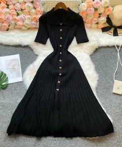 YuooMuoo Brand Fashion Vintage Turn-down Collar Knit Maxi Dress Elegant Single-breasted A-line Long Shirt Dress Lady Vestidos - Image 3