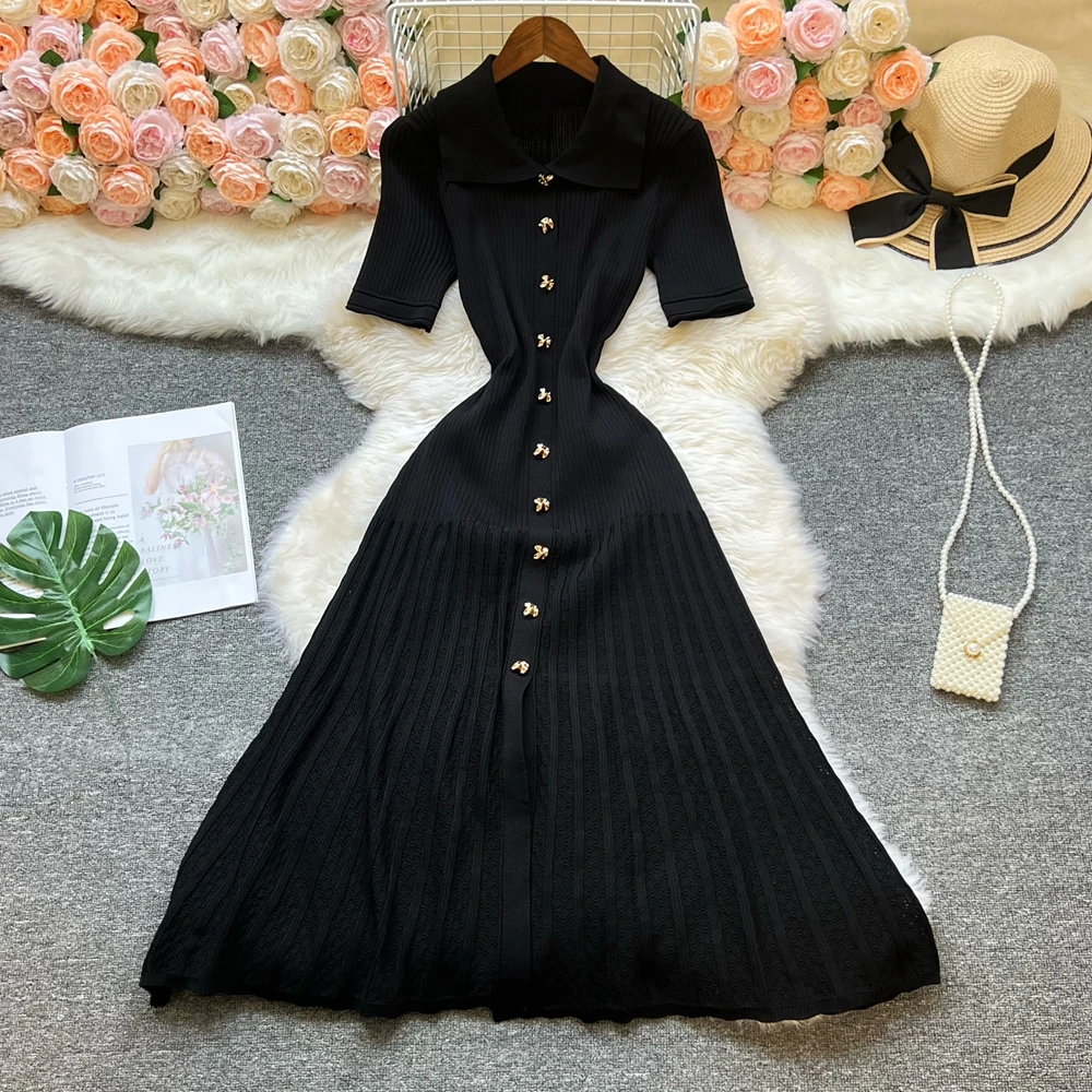 YuooMuoo Brand Fashion Vintage Turn-down Collar Knit Maxi Dress Elegant Single-breasted A-line Long Shirt Dress Lady Vestidos - Image 3
