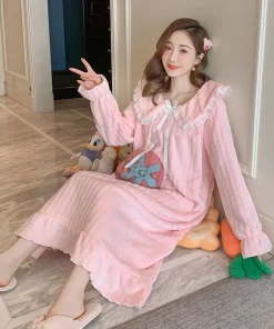 Womens Nightwear Nightdress Flannel Thickened Solid Colour Nightgown Doll Collar Student Warm Coral Velvet Ruffle Dress Robes Se - Image 4