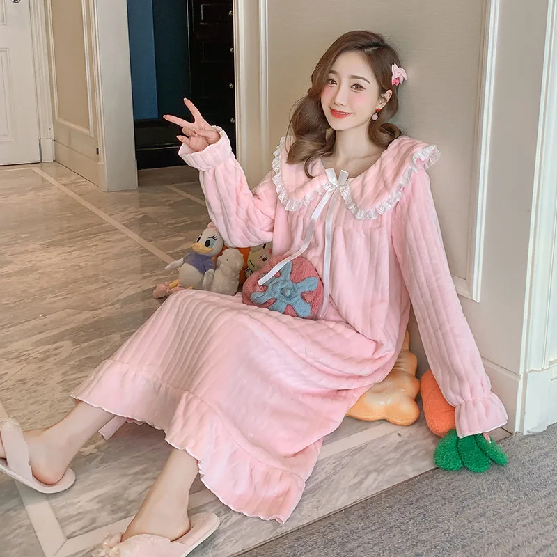 Womens Nightwear Nightdress Flannel Thickened Solid Colour Nightgown Doll Collar Student Warm Coral Velvet Ruffle Dress Robes Se - Image 4