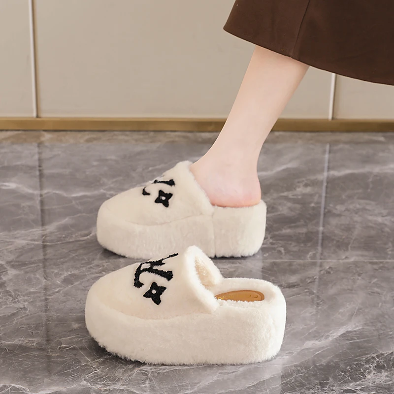 2025 Autumn & Winter New Platform Thick-Soled Mule Furry Slippers - High-Heel, Warm Cotton Slippers for Indoor & Outdoor Wear - Image 4