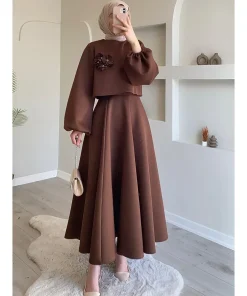 Alternative view of Eid Dubai Fashion Set 2 Piece Women Lantern Sleeve Top Shirt & Skirts Suits Musulman Ensembles Jalabiya Appliques Muslim Sets