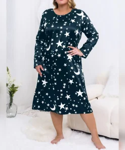 Plus Size Women's Nightgown - Casual Comfortable Loungewear Sleep Dress Long Sleeve Loose Nightdress Fashionable Printed Pajamas