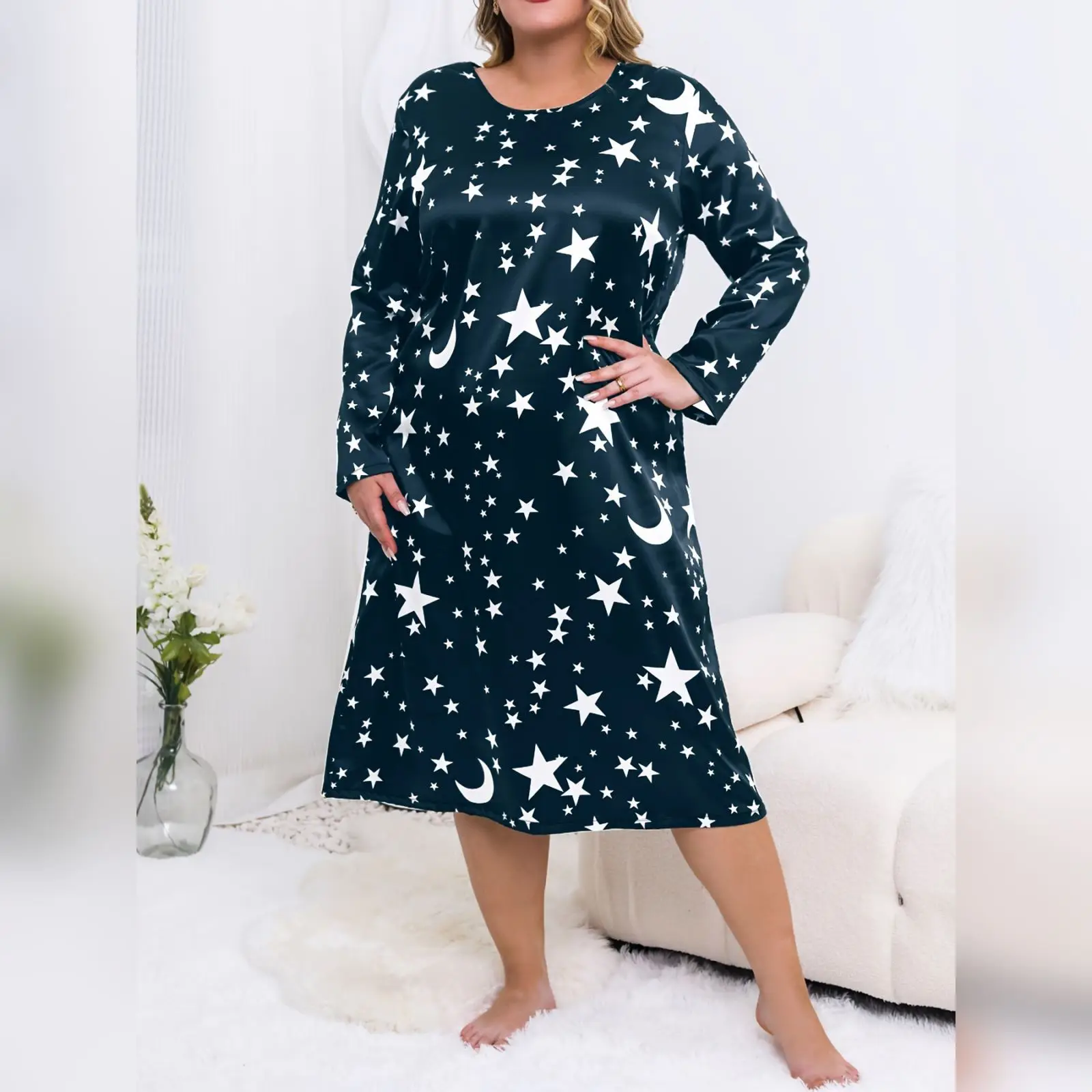 Plus Size Women's Nightgown - Casual Comfortable Loungewear Sleep Dress Long Sleeve Loose Nightdress Fashionable Printed Pajamas