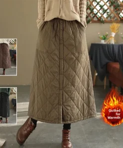 Retro Warm Cotton Quilted Long Midi Skirt High Waist A-Line Skirt for Middle-Aged And ly Women Diamond Patterned f Skirt - Image 5