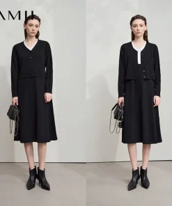 AMII Dress Ladies 2025 Autumn New Woman Clothing V-neck Fake Two-piece Knitted A-line Casual Elegant Dresses For Woman 12543051 - Image 3