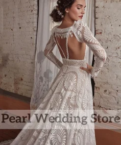 Exquisite Lace Deep V-Neck Backless Wedding Dress Boho Illusion with Long Sleeve Jacket Custom Romantic A-Line Floor Length - Image 5