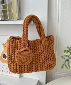 Woven Bag Solid Color Handmade Crochet Bag Cute Woolen Handbag Autumn and Winter Wear Mobile Phone Bag - Image 4