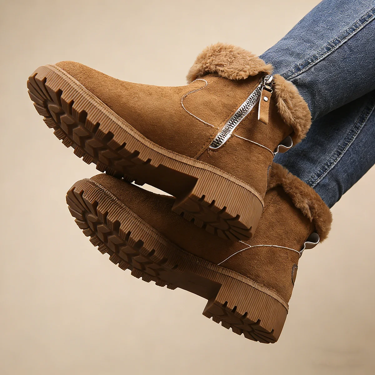 Women Snow Boots 2026 Winter New Solid Color Plush Zipper Thick Bottom Anti Slip Warm Cold Proof Cotton Shoes Snow Boots - Image 3