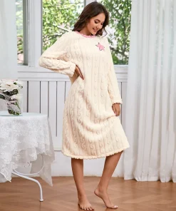 Women's Nightdress Winter Warm Nightgown Thicken Flannel Long Sleeved T-shirt Tops Soft Coral Fleece Pyjama Dress Home Clothing - Image 3
