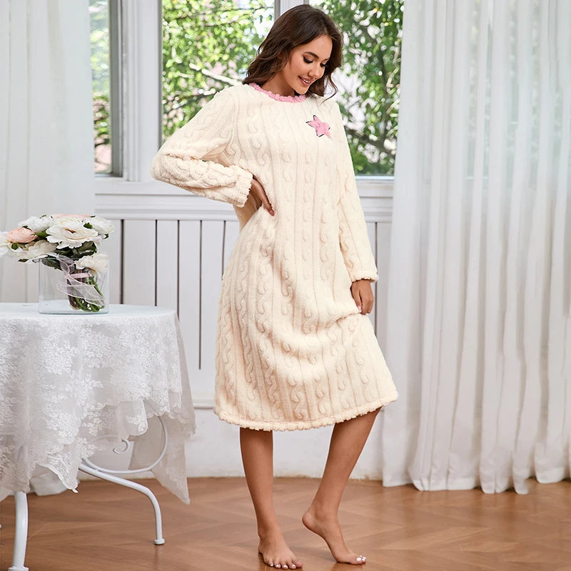 Women's Nightdress Winter Warm Nightgown Thicken Flannel Long Sleeved T-shirt Tops Soft Coral Fleece Pyjama Dress Home Clothing - Image 3